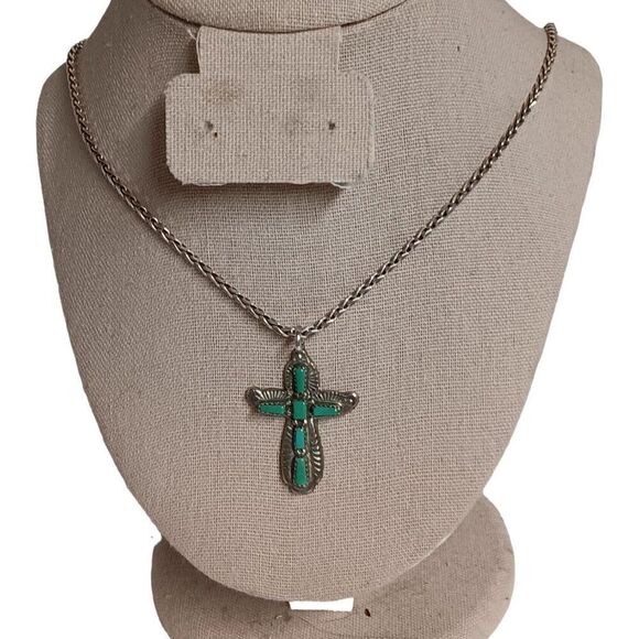 Zuni Lupe Iule Sterling Silver Cross Pendant Italy Necklace Turquoise Inlay 21" - Picture 2 of 9
